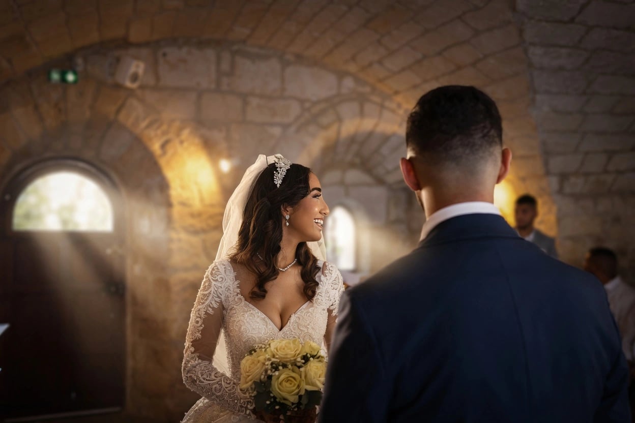 La mariée sous une arche en pierre, dans la lumière